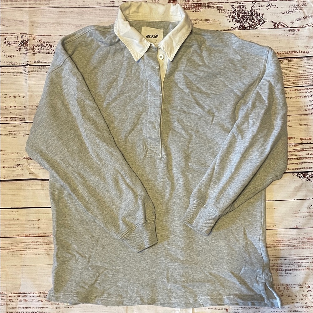 aerie Gray Long Sleeve Polo Sweatshirt with White Collar